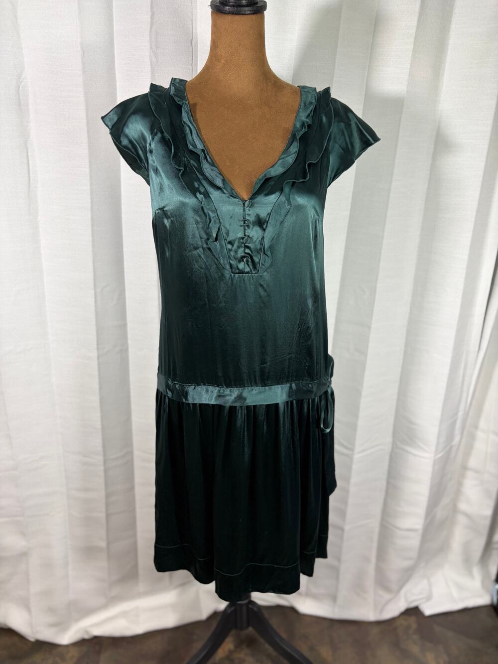 Viola Teal Silk Blend Drop Waist Dress Size 8 Ruffle Neck Cap Sleeve Side Bow